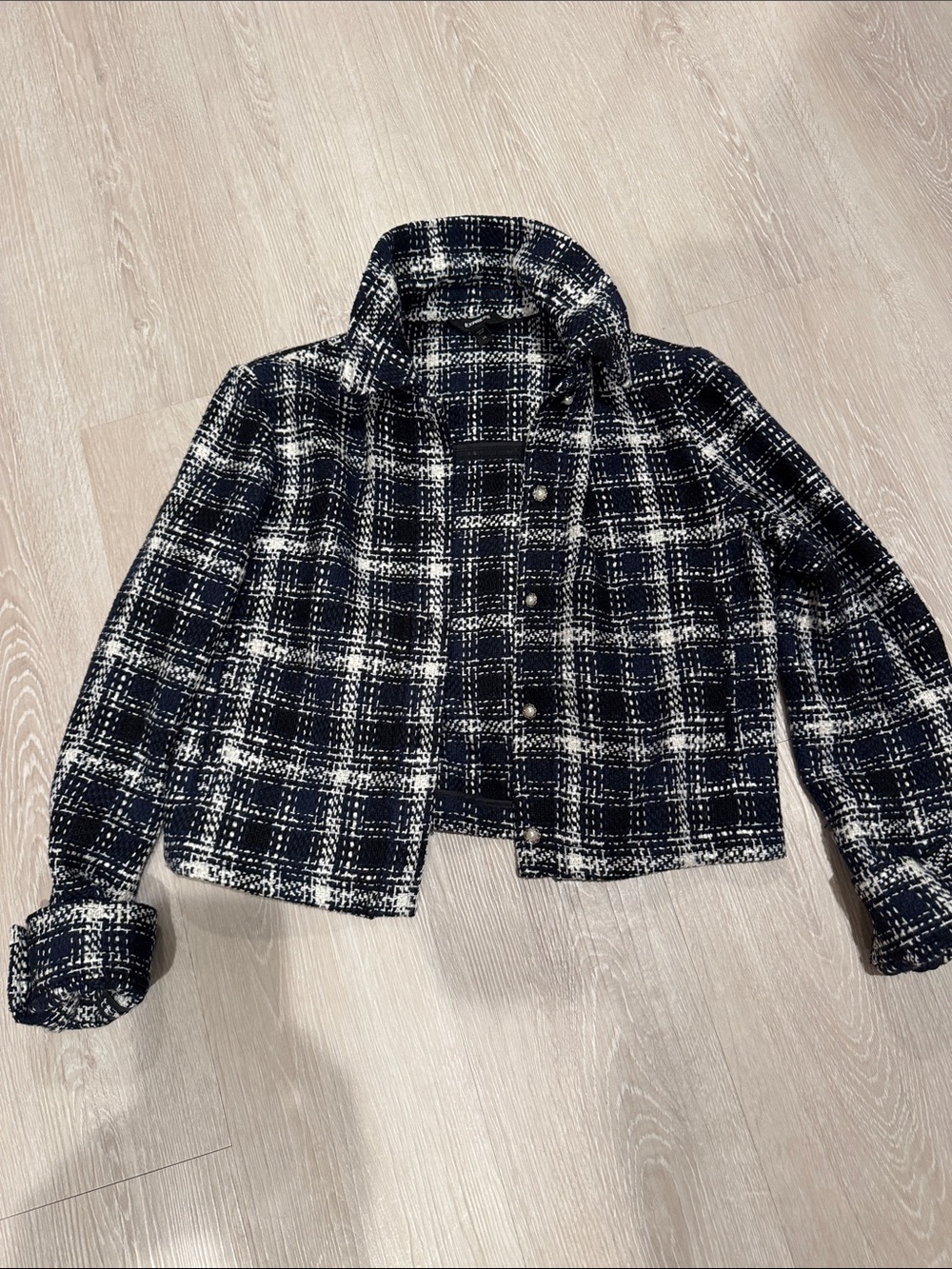 Express Black & White Plaid Tweed Cropped Blazer